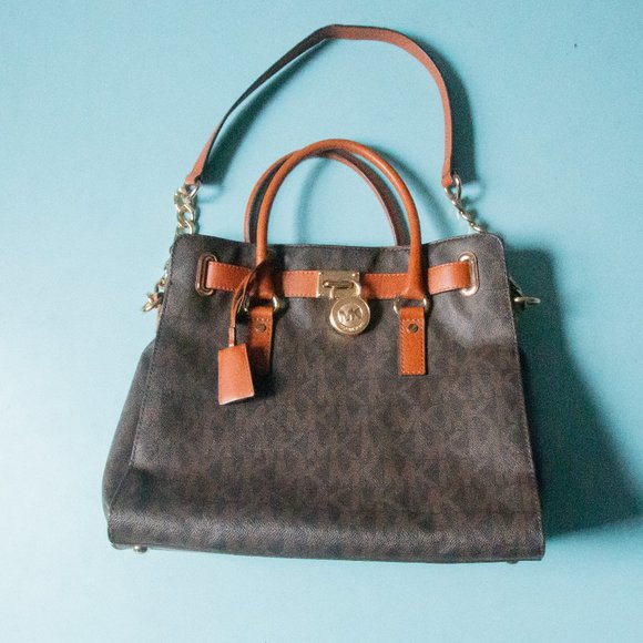 LIKE NEW MICHAEL Michael Kors Hamilton Monogram Gold Chain Satchel Tote Bag